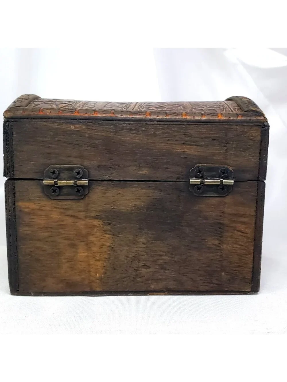 Vintage Wood & Faux Leather Carved Jewelry Treasure Chest Box With Metal Accents